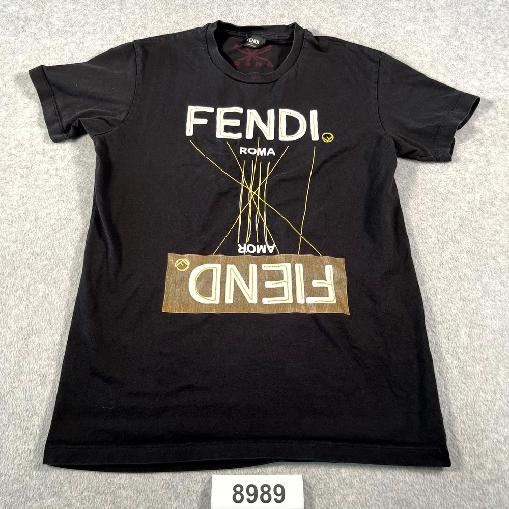Fendi Roma T Shirt Men Medium Black Graphic Logo Designer Italy Cotton Crew Neck
